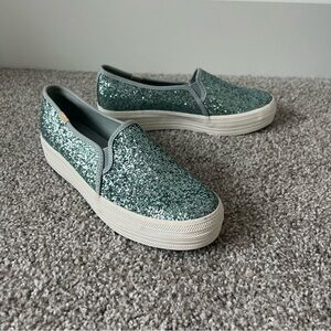 Keds Triple Platform Turquoise Blue Sparkle Slip Ons Size 6.5 New Without Box